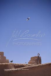 Image du Maroc Professionnelle de  La Kasbah de Taourirt fut édifiée au 17ème siècle par la tribu des Glaoui, située sur une colline au centre urbain de la ville d'Ouarzazate, cette remarquable ancienne bâtisse en pisé parfaitement conservée est l'une des plus belles constructions architecturales de la ville. La Kasbah qui ressemble à un grand château de sable incrusté dans le désert, fait partie du circuit touristique, elle a été classé Patrimoine Mondiale de l’Unesco. Ce véritable joyau de Ouarzazate permet au visiteur de découvrir l’intérieur d’une ksar où résident souvent la population berbères du sud du Maroc. Photo datant du Samedi 23 Août 1997. (Photo / Abdeljalil Bounhar)